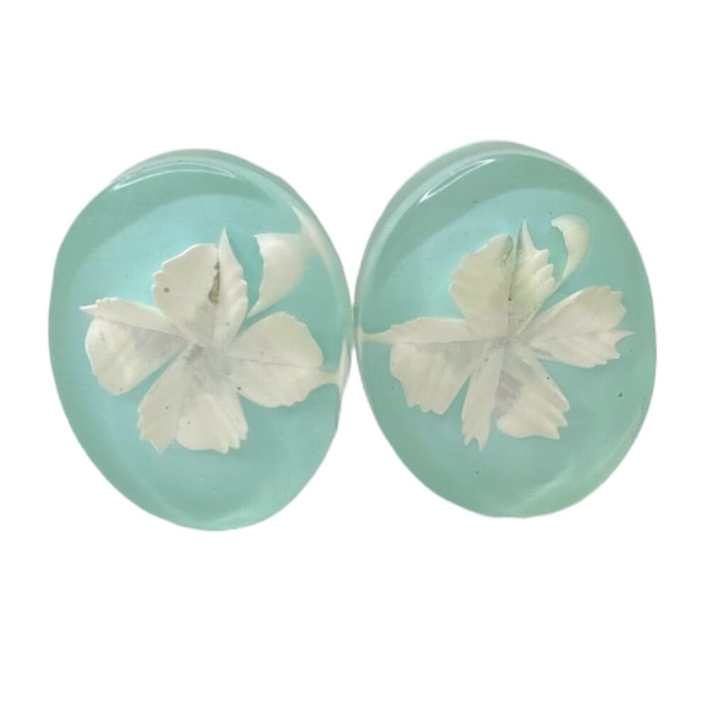 Vintage Robin's Egg Blue Lucite Clip on Earrings Reverse Carved White Flower